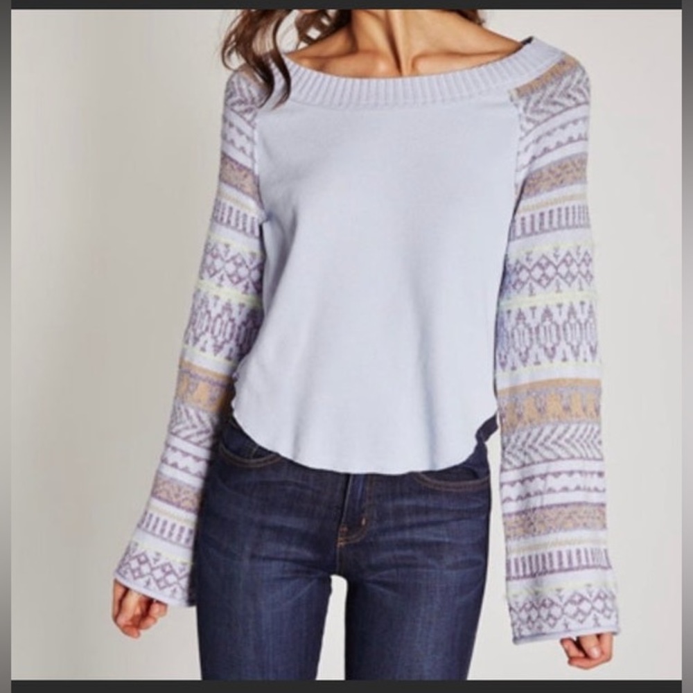 Free People Periwinkle Combo Wide Neck Long Bell Sleeve Sweater Shirt